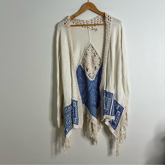 Kaisely Sweaters - Kaisely Knit Cardigan Fringe Open Front Ivory Blue Pattern Long Sleeve Size S